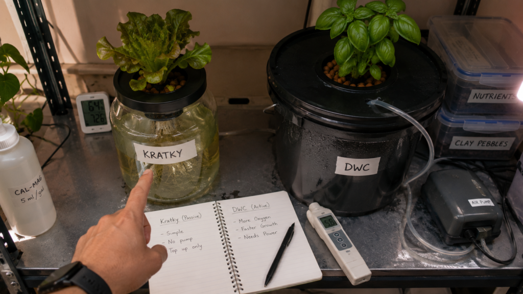 Grower comparing a Kratky jar and DWC bucket side by side to decide which hydroponic system to build