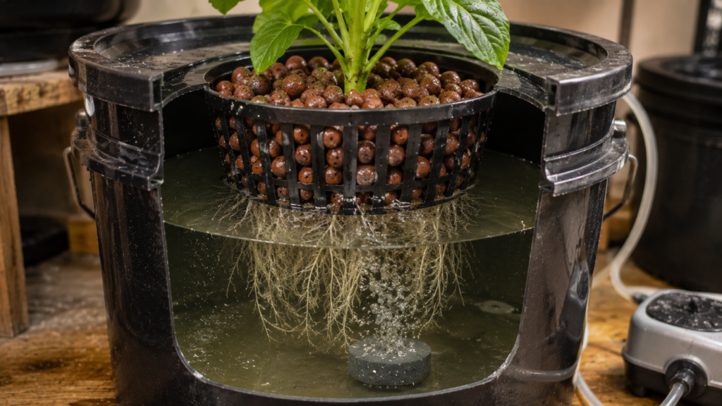 Clay pebbles LECA in a net pot showing roots growing through air gaps into a DWC reservoir