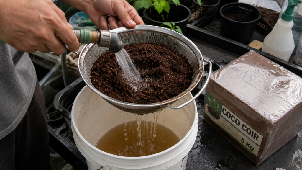 Coco coir being rinsed before use as a hydroponic growing medium to remove excess salts
