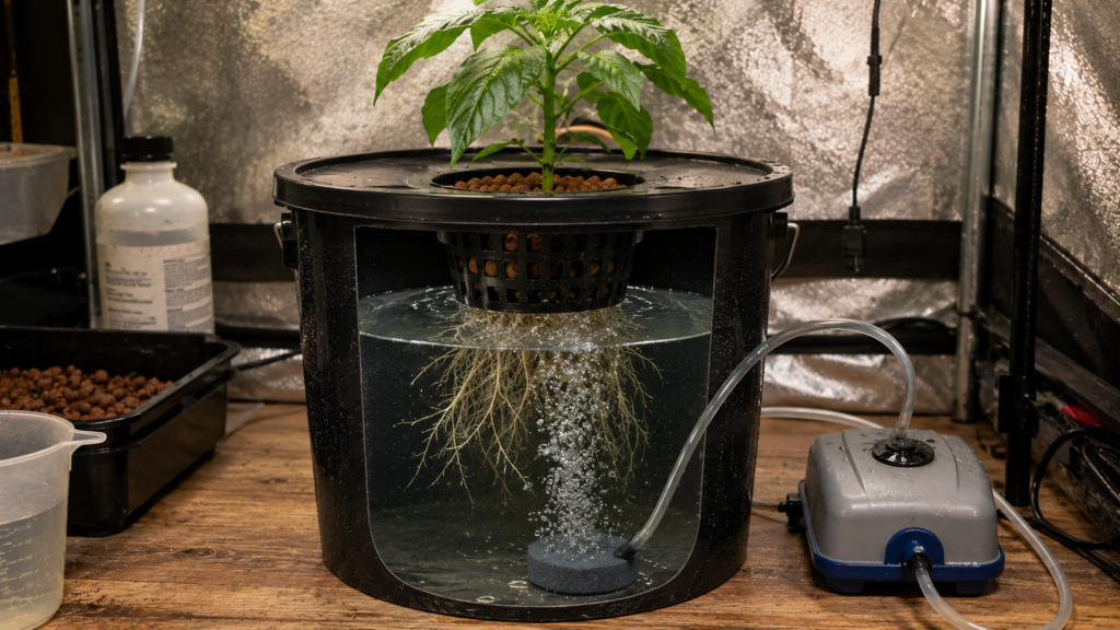 DWC deep water culture bucket with air pump and air stone oxygenating submerged roots
