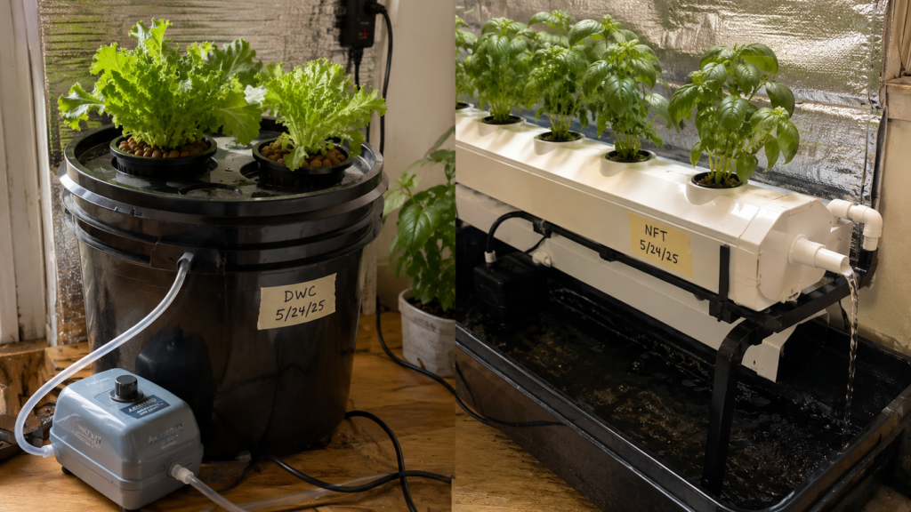 Side-by-side comparison of a DWC bucket system and an NFT channel system, two common terms in this hydroponics glossary