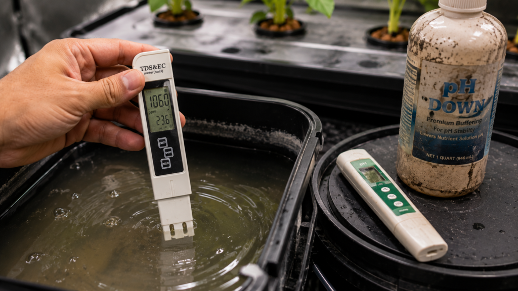 TDS meter measuring nutrient concentration in a hydroponic reservoir to show the difference between EC, PPM, and TDS