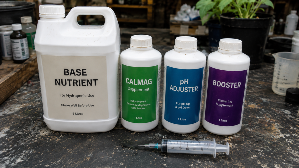 hydroponic base nutrient bottle next to smaller supplement bottles