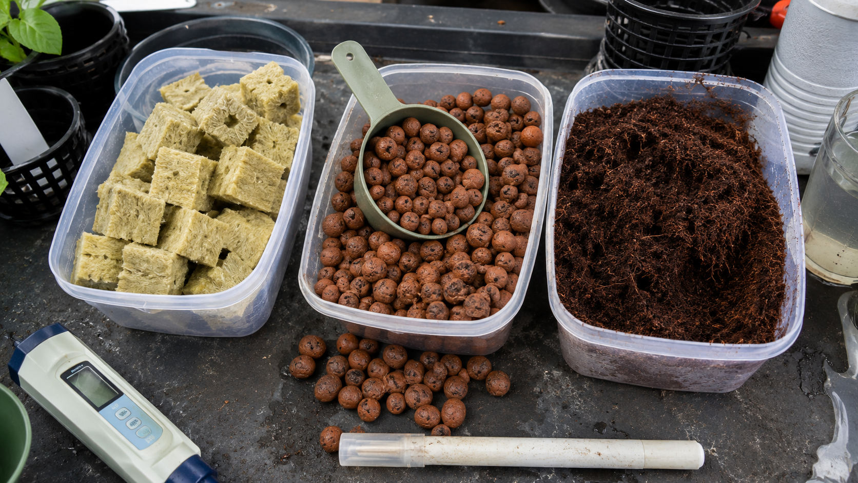 Rockwool cubes, clay pebbles, and coco coir compared side by side for hydroponic growing media.