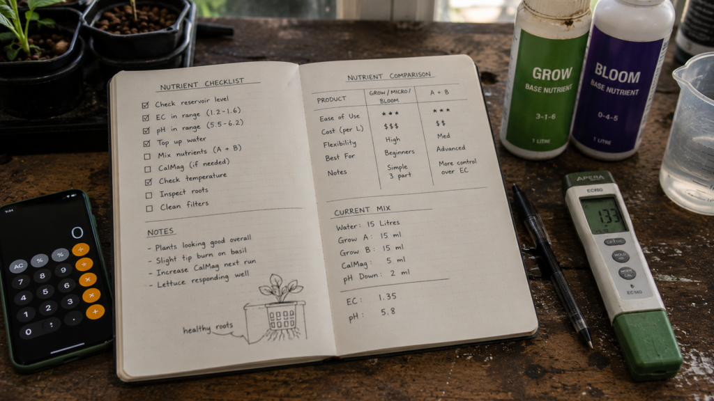 grower's notes comparing hydroponic nutrient products before buying