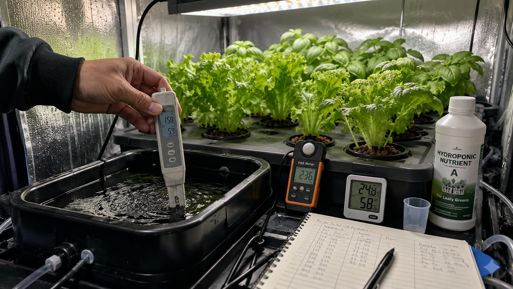 Grower checking EC and pH with a digital meter over a hydroponic reservoir, illustrating key hydroponics glossary terms