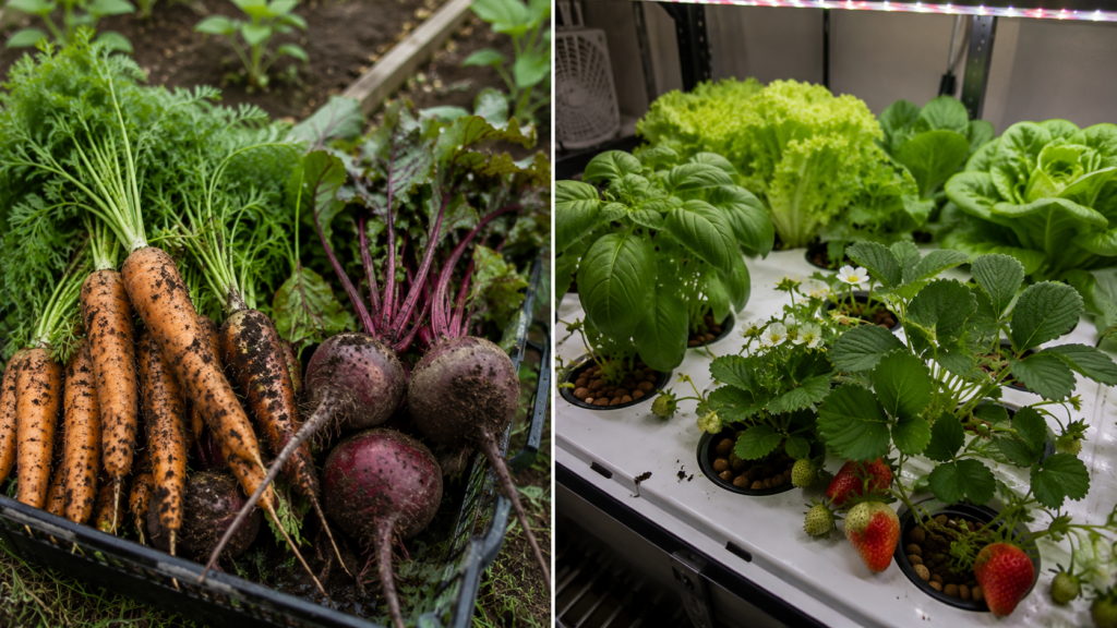 Root vegetables harvested from soil next to leafy greens, basil, and strawberries grown hydroponically