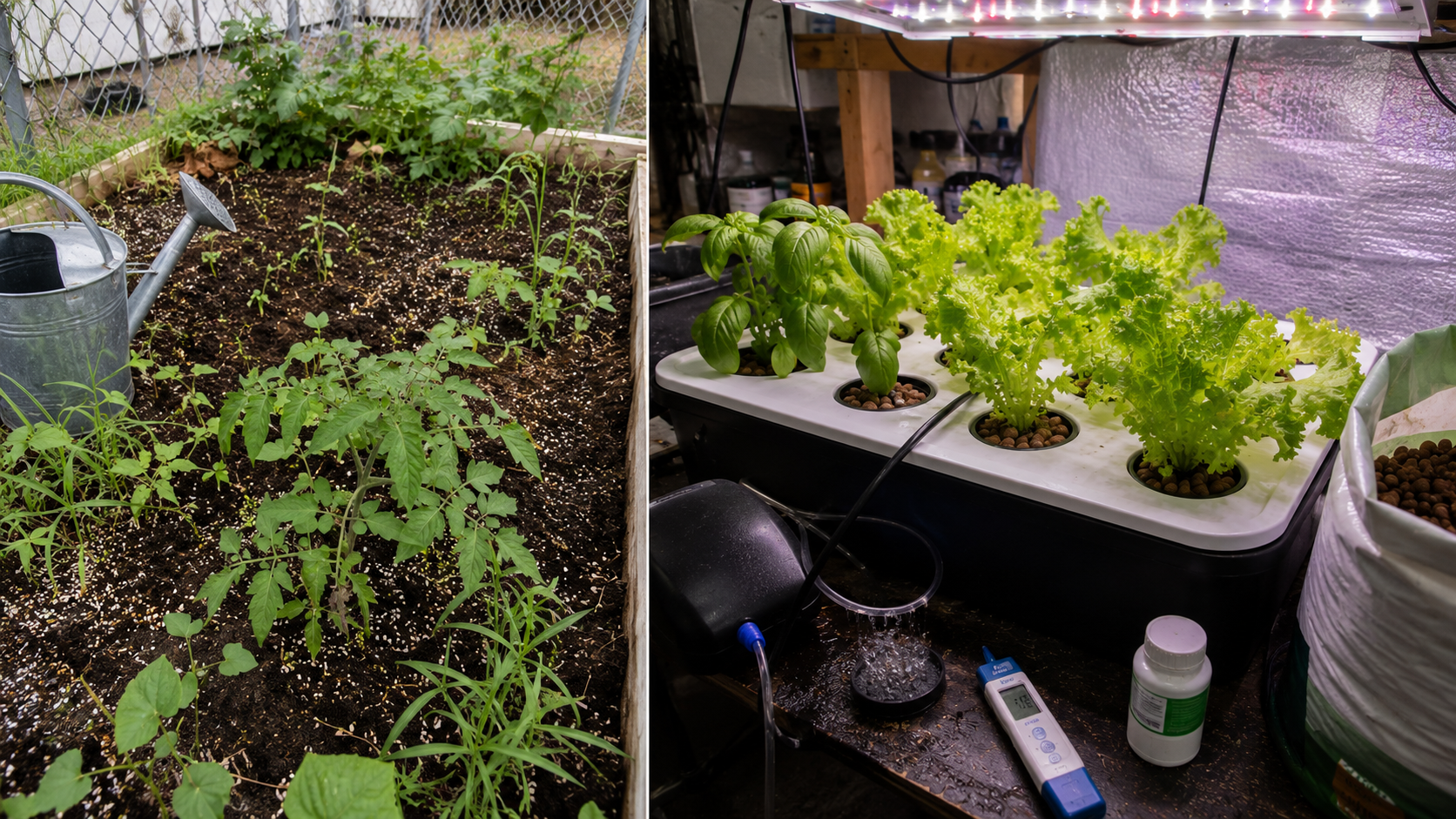 Side-by-side comparison of an outdoor soil garden bed and an indoor hydroponic DWC system with lettuce under LED grow lights