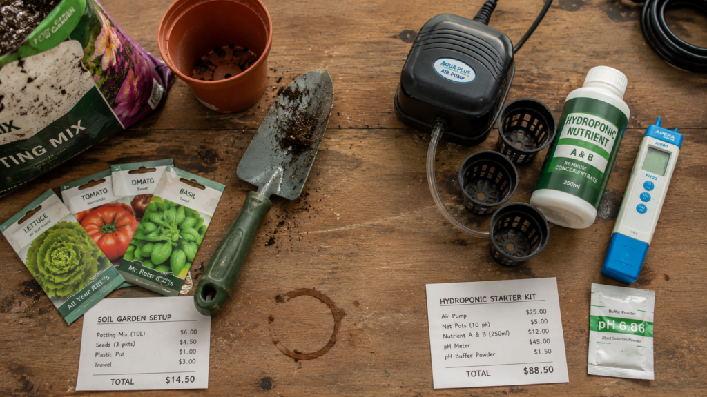 Flat-lay comparison of basic soil gardening supplies versus hydroponic starter gear with cost tags