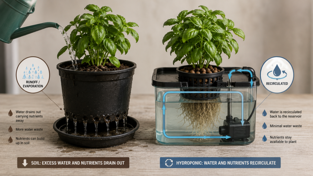 Diagram comparing water runoff in soil gardening versus recirculating water use in a hydroponic reservoir