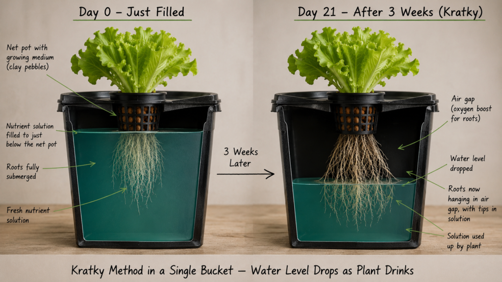 Diagram showing how the Kratky method air gap forms as roots consume nutrient solution