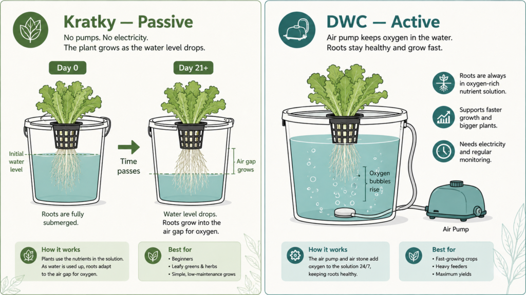 Diagram comparing passive Kratky oxygen delivery to active DWC air pump oxygenation