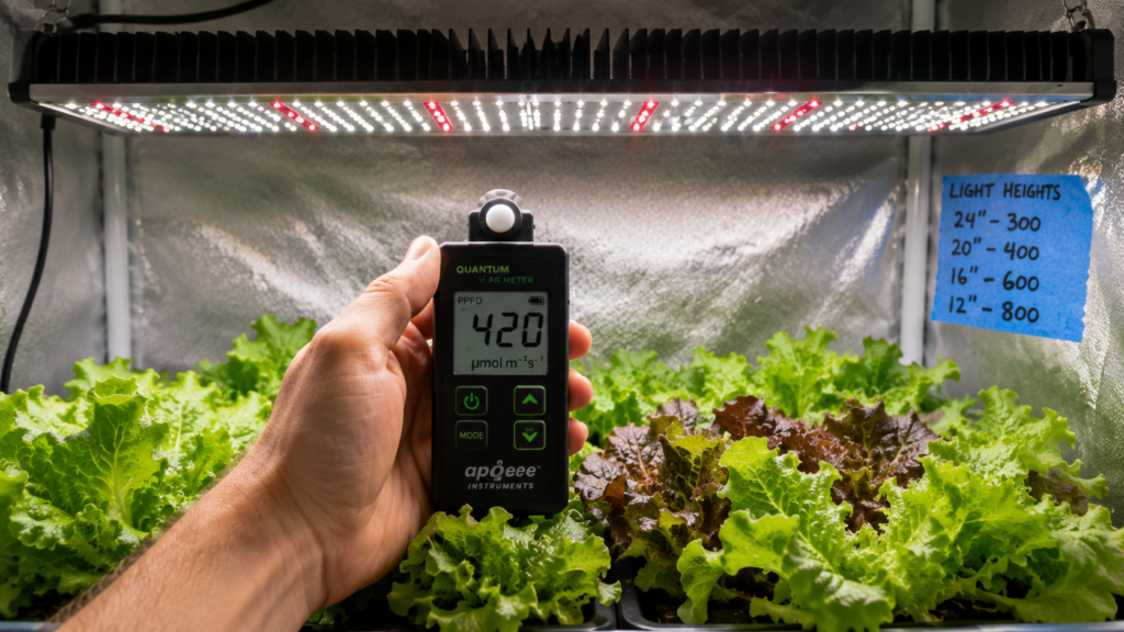 Quantum PAR meter measuring PPFD above a hydroponic canopy, used to calculate DLI for indoor grow lights