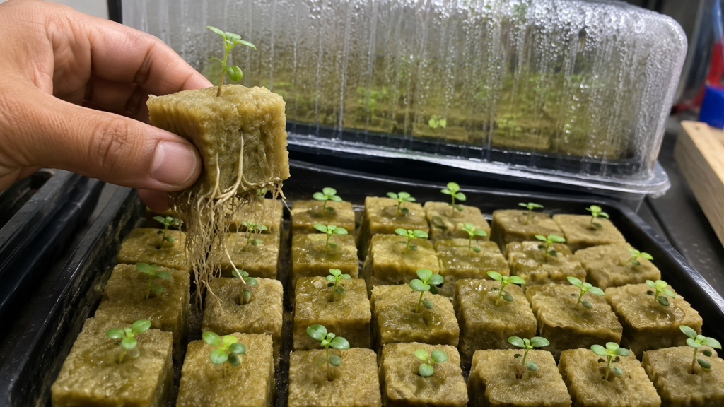 Rockwool cubes holding hydroponic seedlings during propagation with visible root growth.