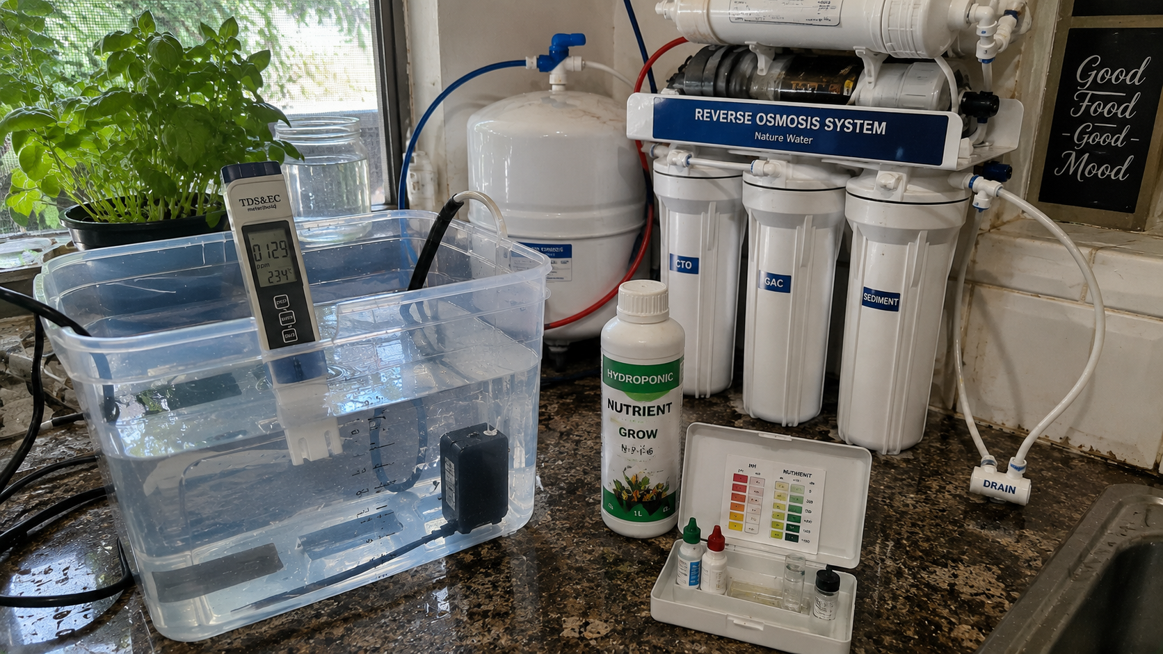 TDS meter testing tap water vs RO water for a hydroponics reservoir