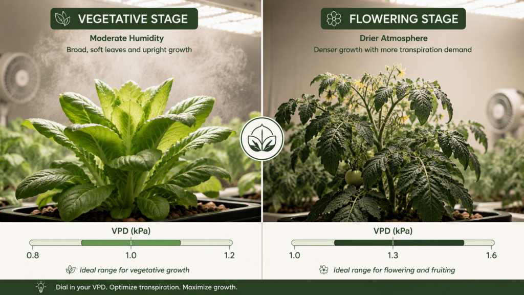 Side-by-side comparison of vegetative and flowering VPD chart targets in kPa, showing how humidity needs shift between growth stages.