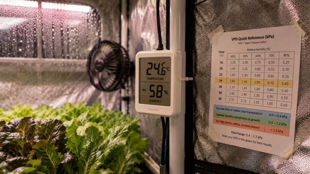 Temperature and humidity sensor with a VPD chart in a hydroponic grow tent, showing how growers track vapor pressure deficit