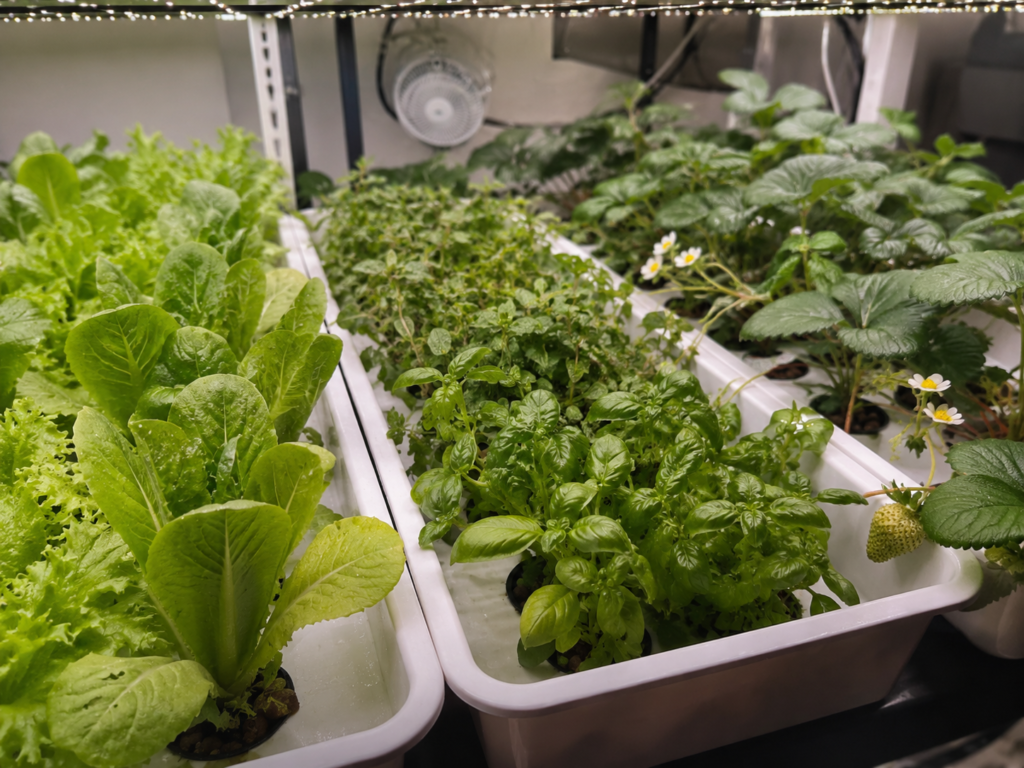 Side-by-side hydroponic crop families showing leafy greens, herbs, and fruiting crops in trays