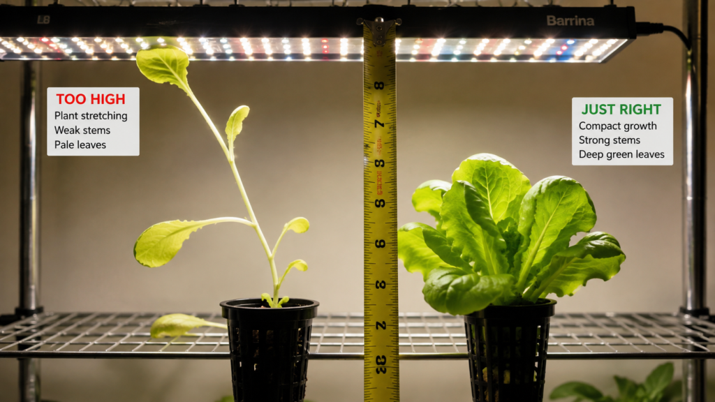 leggy stretched seedling next to compact healthy seedling from wrong grow light distance is common hydroponics beginner mistakes