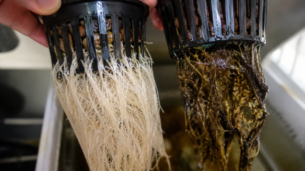 healthy white hydroponic roots compared to brown root rot from poor oxygenation that is common hydroponics beginner mistakes