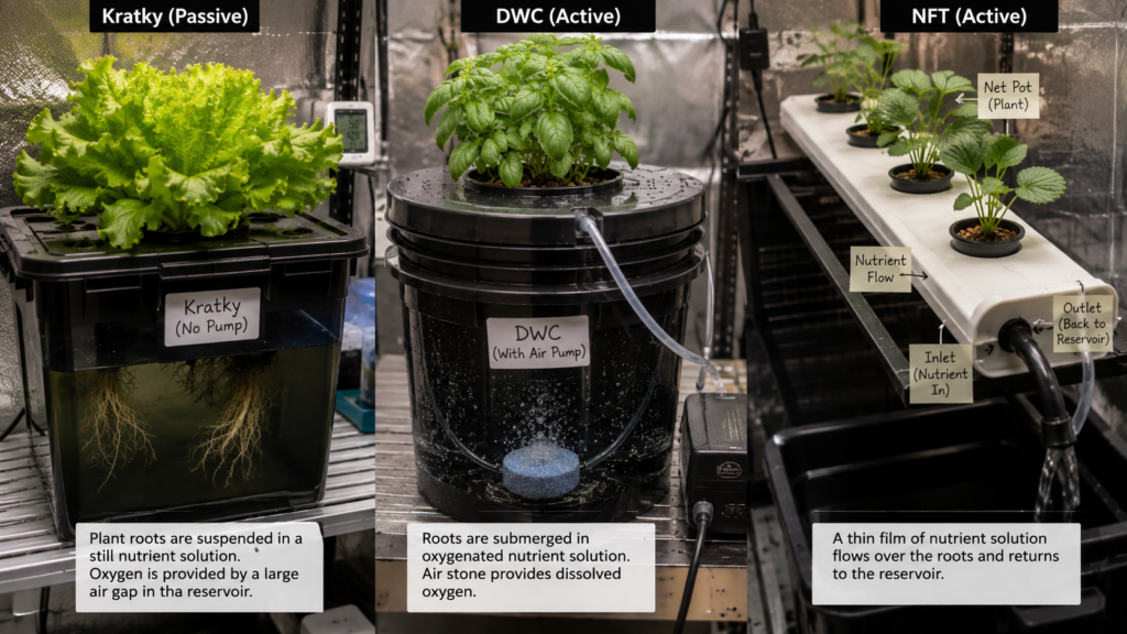 Kratky, DWC, and NFT hydroponic systems shown together for crop matching decisions