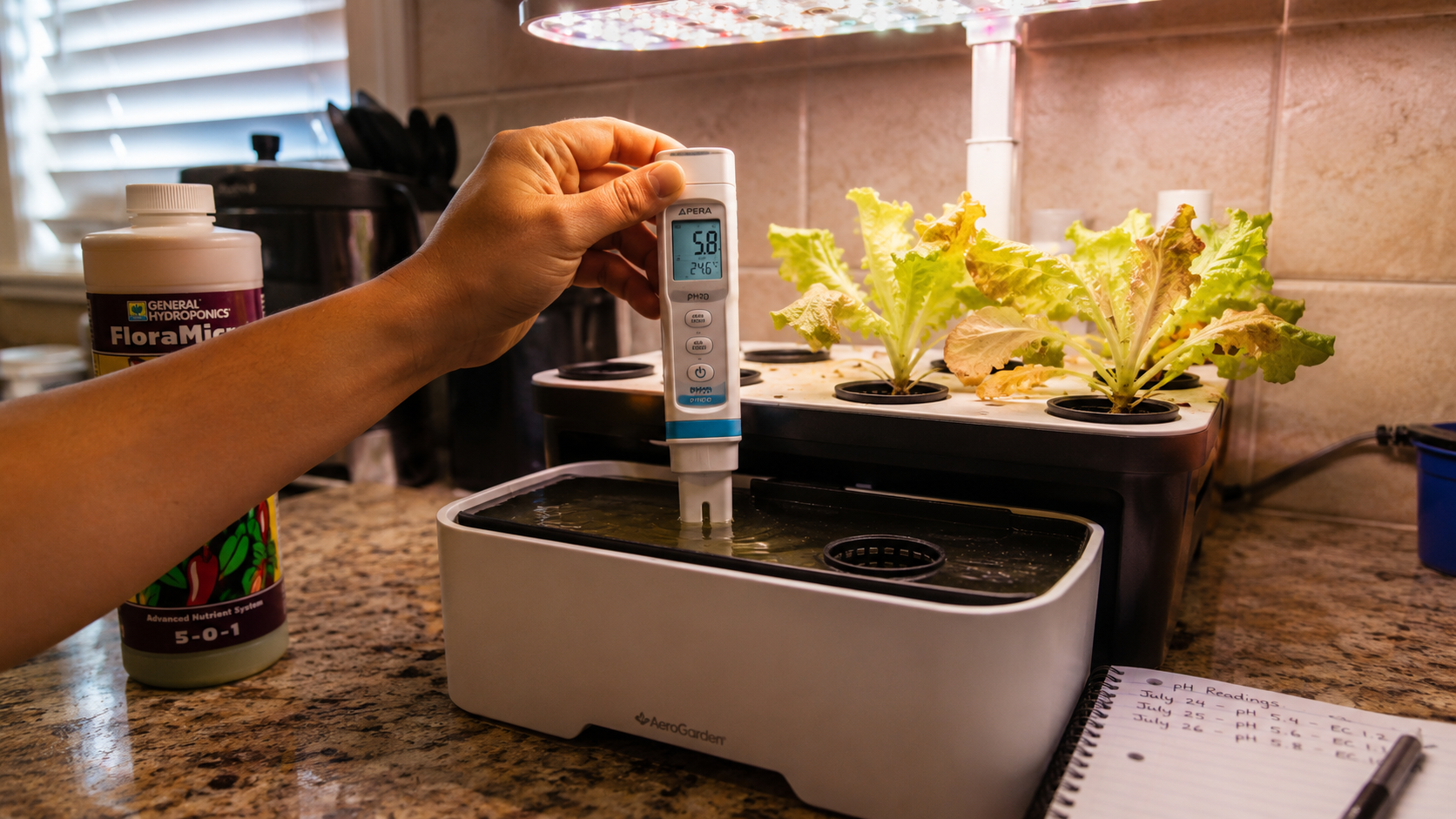 person checking pH with a meter to fix common hydroponics beginner mistakes