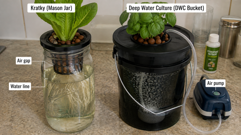 Kratky jar air gap compared to DWC bucket air pump setup for beginner hydroponic systems and included in the most hydroponics beginner mistakes