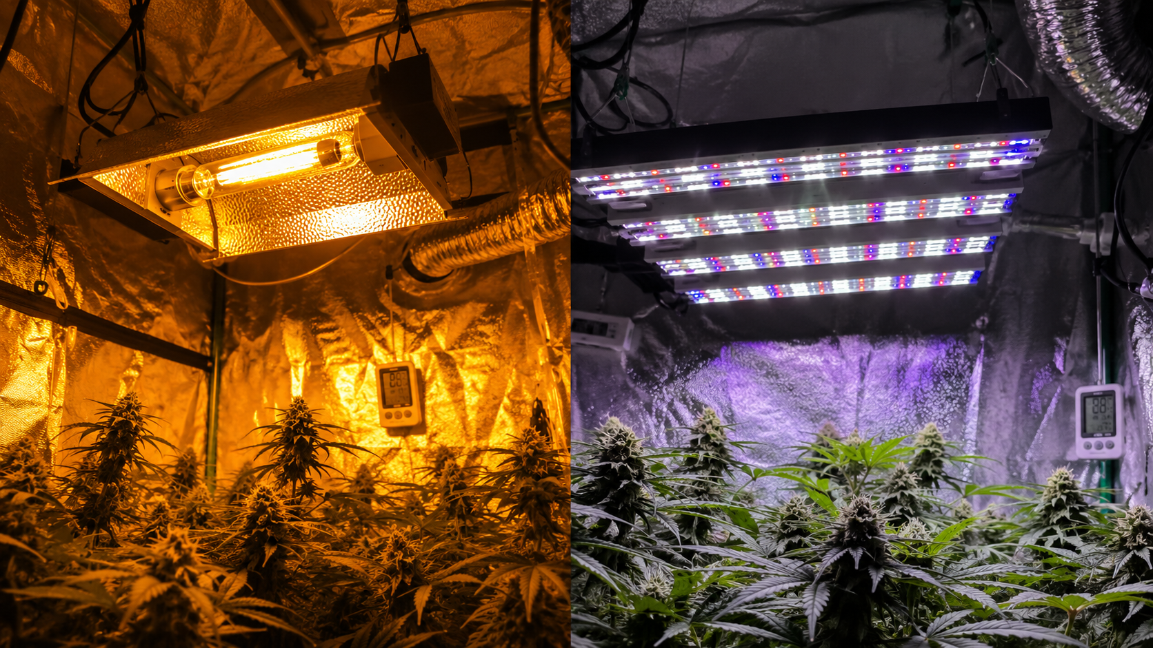 LED vs HPS grow light comparison in an indoor grow tent showing both fixture types side by side