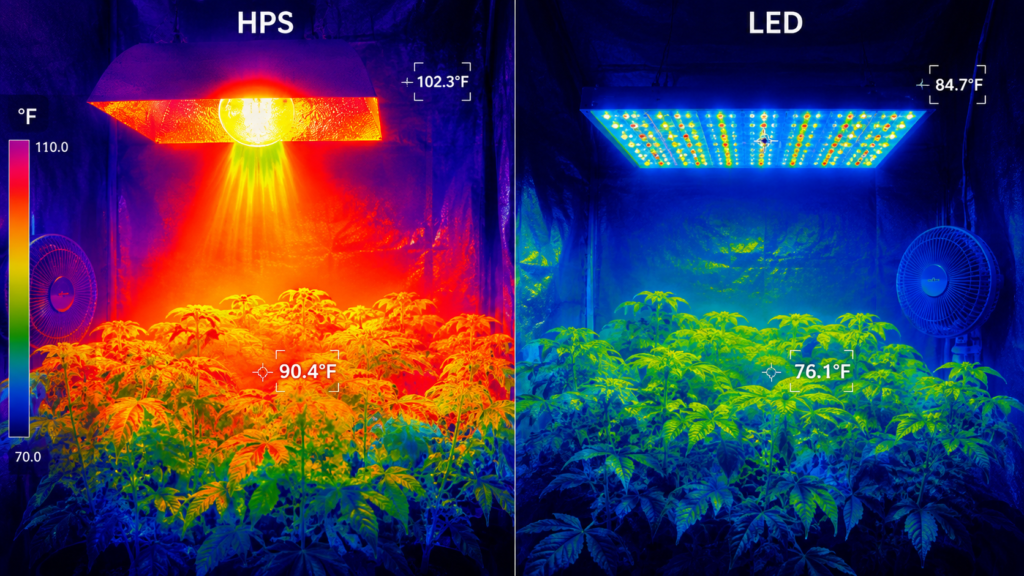 Thermal comparison of heat output between LED and HPS grow lights above a plant canopy