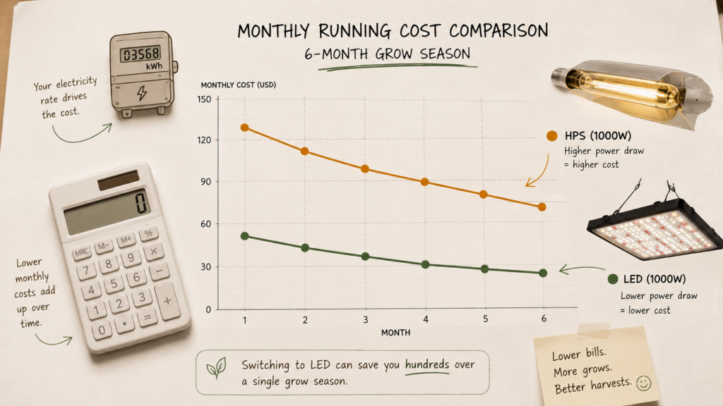 LED vs HPS grow light electricity cost comparison over a six-month grow season