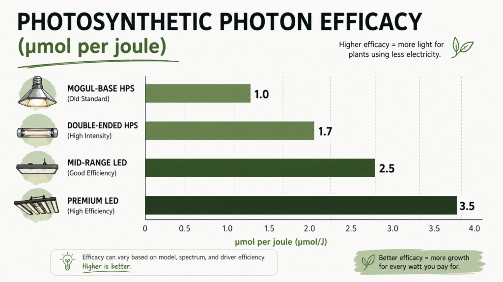 Chart comparing LED vs HPS grow light efficiency in micromoles per joule across fixture types